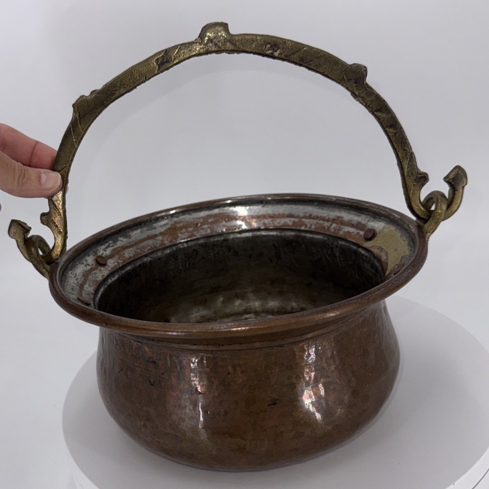 Vintage Copper Cauldron Fireplace Hammered Kettle Pot Hanging Camp
